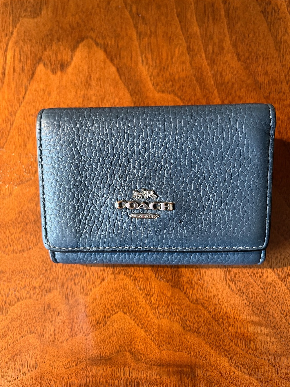Coach Navy Blue Pebble Leather trifold wallet with coin zip! Silver hardware!
